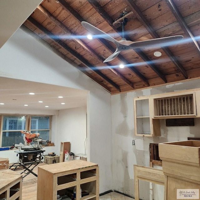 kitchen with lofted ceiling with beams, light wood-type flooring, and wood ceiling