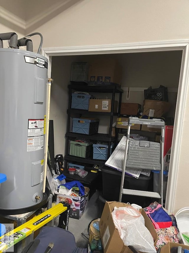 storage room featuring electric water heater