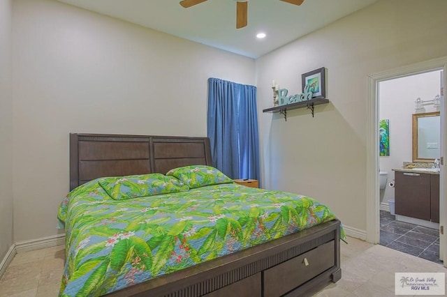 bedroom featuring connected bathroom and ceiling fan