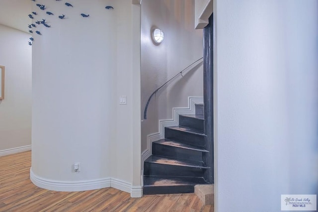 staircase with hardwood / wood-style flooring