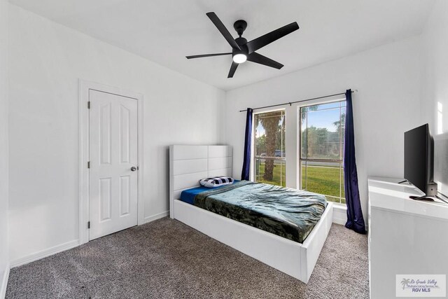 bedroom with carpet floors and ceiling fan