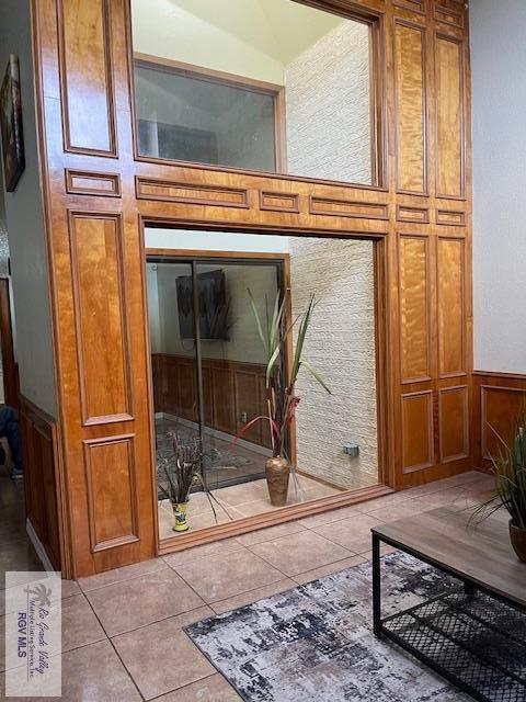 interior details featuring wooden walls