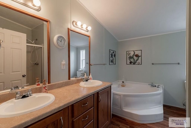 bathroom featuring lofted ceiling, vanity, hardwood / wood-style flooring, and ornamental molding