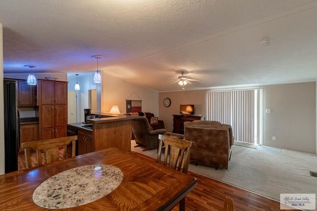 dining space featuring ceiling fan, dark hardwood / wood-style floors, and a textured ceiling