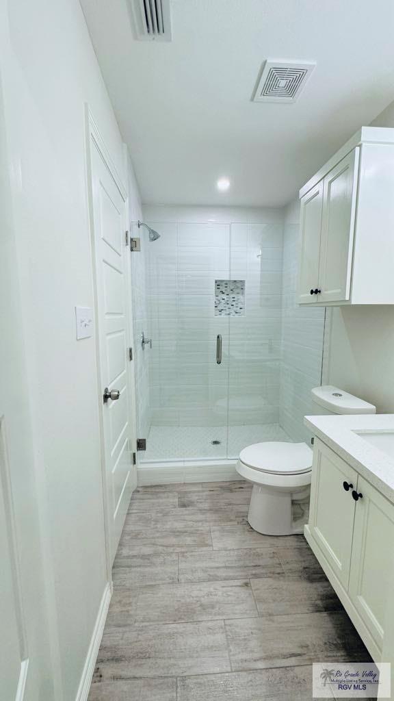 bathroom with vanity, toilet, and walk in shower