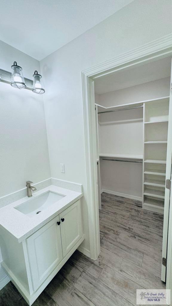 bathroom with wood-type flooring and vanity