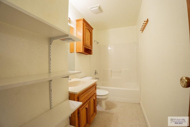 full bath featuring vanity, toilet, washtub / shower combination, and visible vents