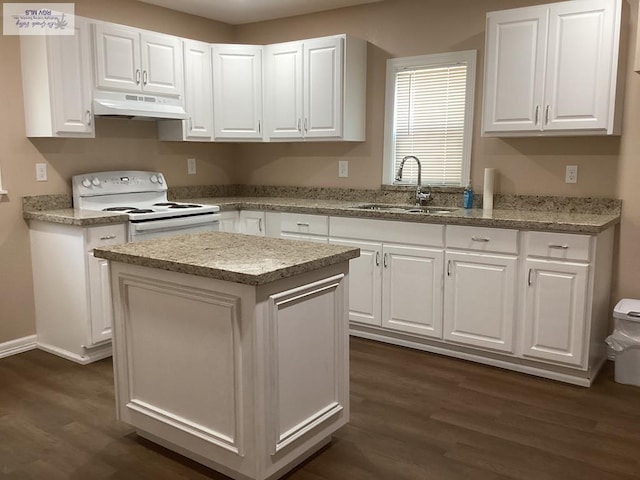 2009 Van Buren St, Brownsville, TX 78526 - kitchen with white electric stove, under cabinet range hood, dark wood-style flooring, and white cabinets