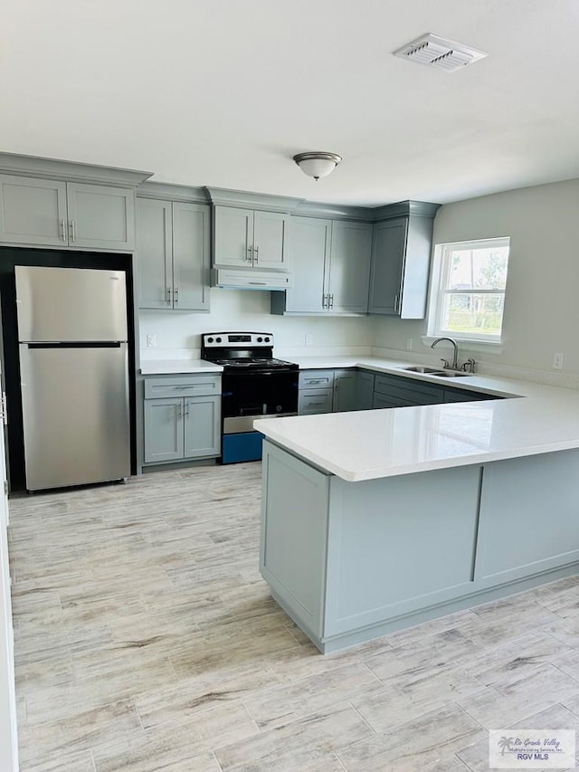 kitchen with gray cabinetry, kitchen peninsula, sink, and appliances with stainless steel finishes