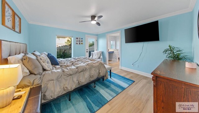 bedroom featuring access to exterior, ceiling fan, baseboards, ornamental molding, and wood finished floors