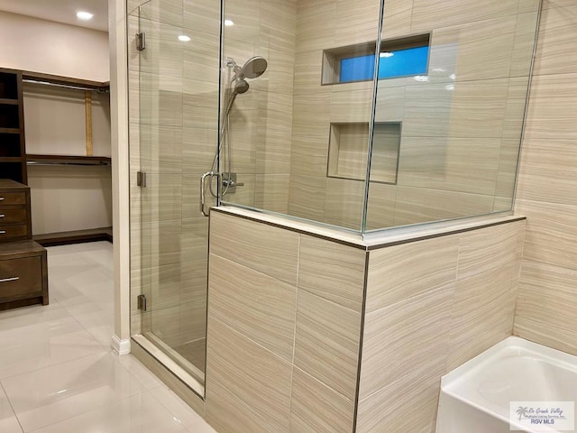 bathroom with plus walk in shower and tile patterned floors