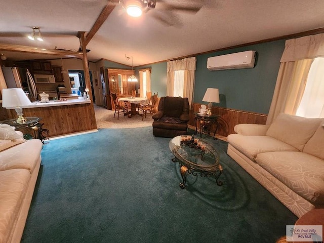 carpeted living room featuring a wall mounted air conditioner, wooden walls, and lofted ceiling