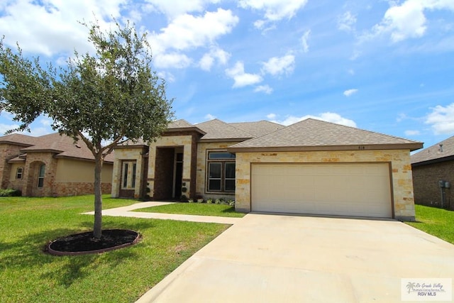 814 Knotty Pine Ln, Harlingen, TX 78552 - view of front of house with driveway, an attached garage, a front lawn, a shingled roof, and brick siding