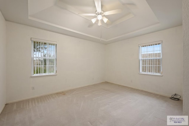 spare room with ceiling fan, light colored carpet, and a tray ceiling