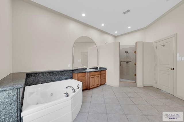 full bathroom with vanity, visible vents, a whirlpool tub, a shower stall, and tile patterned floors