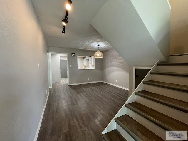 interior space with wood-type flooring and rail lighting