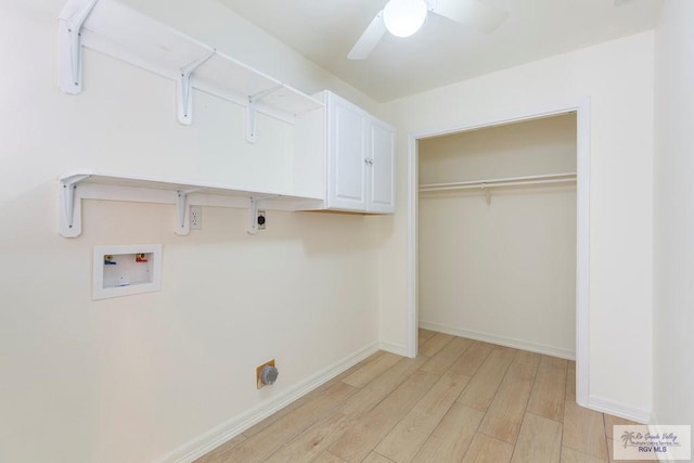 laundry room featuring ceiling fan, cabinets, washer hookup, hookup for an electric dryer, and light wood-type flooring