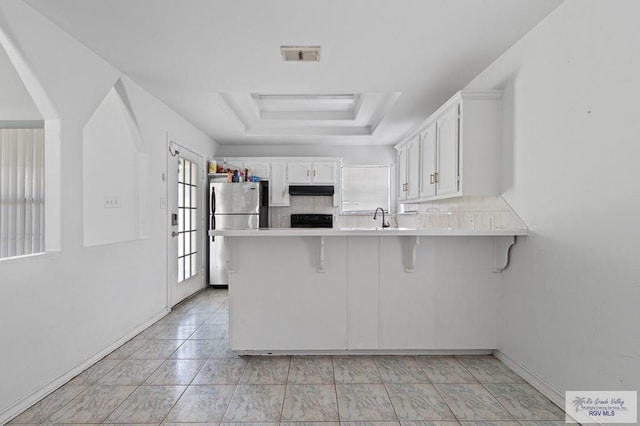 4217 W Ithaca Ave, Mcallen, TX 78501 - kitchen with a peninsula, freestanding refrigerator, range, a sink, and under cabinet range hood