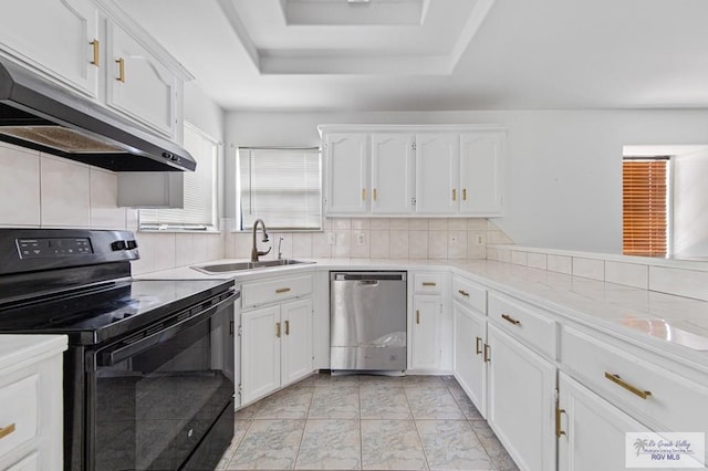 4217 W Ithaca Ave, Mcallen, TX 78501 - kitchen featuring black range with electric cooktop, dishwasher, a sink, under cabinet range hood, and a raised ceiling