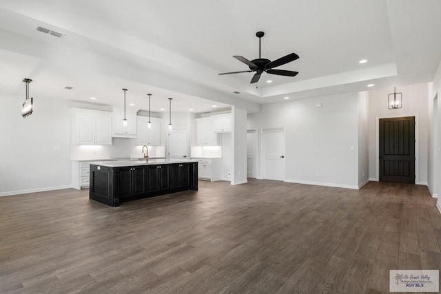 unfurnished living room featuring dark hardwood / wood-style floors, ceiling fan, a tray ceiling, and sink