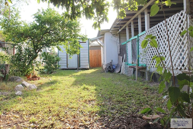 view of yard featuring a storage unit