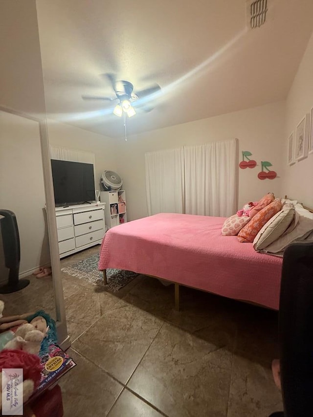 bedroom with ceiling fan and visible vents