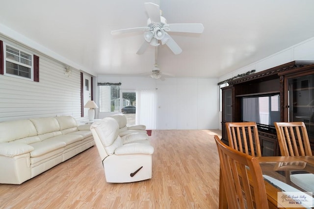 living room with ceiling fan and light hardwood / wood-style floors