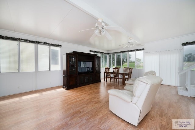 living room with light wood-type flooring, vaulted ceiling, a wealth of natural light, and ceiling fan