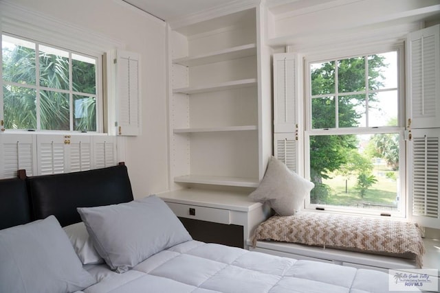 bedroom featuring multiple windows and ornamental molding