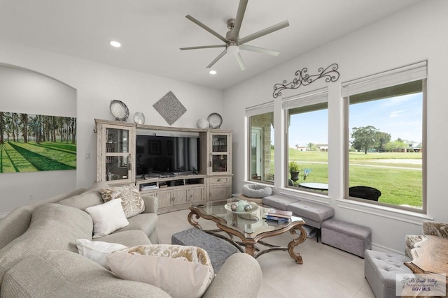 living room featuring ceiling fan