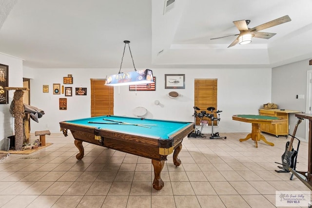 1000 E Palm Valley Dr, Palm Valley, TX 78552 - game room with pool table, light tile patterned floors, a tray ceiling, and a ceiling fan