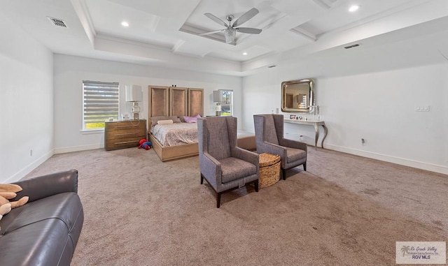 bedroom with ceiling fan and light carpet