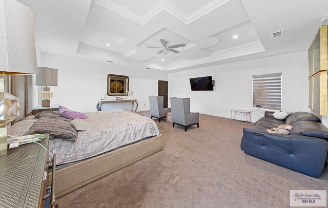 bedroom featuring carpet, ceiling fan, crown molding, and coffered ceiling