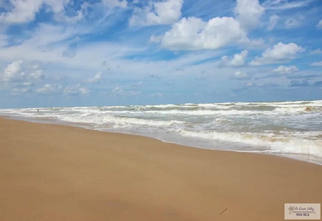 view of water feature with a beach view