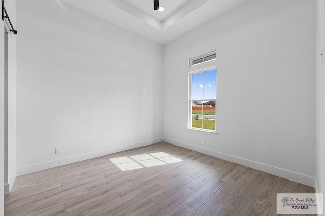 unfurnished room with light hardwood / wood-style floors and a raised ceiling