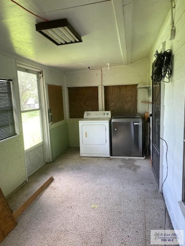 clothes washing area featuring light colored carpet