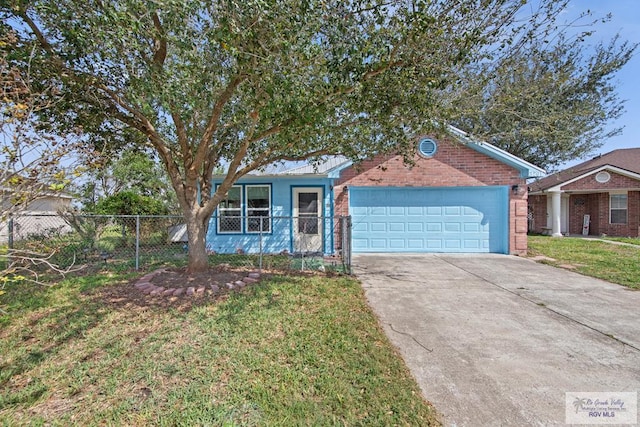 ranch-style home with a front lawn, driveway, fence, a garage, and brick siding