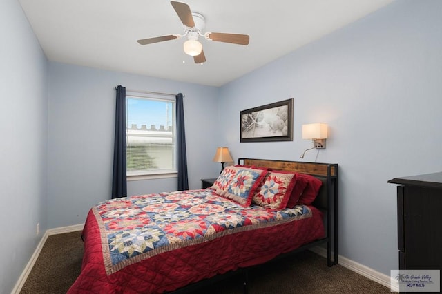 bedroom featuring ceiling fan and carpet floors