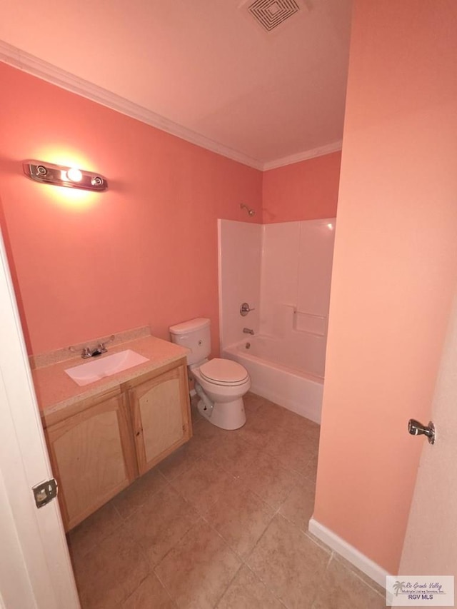 full bathroom featuring vanity, ornamental molding, shower / washtub combination, toilet, and visible vents