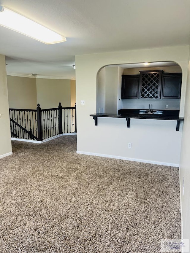 empty room with carpet flooring and bar