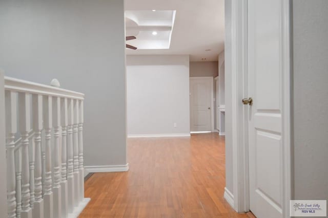 hallway featuring a raised ceiling and light hardwood / wood-style floors