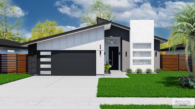 contemporary home featuring a front lawn