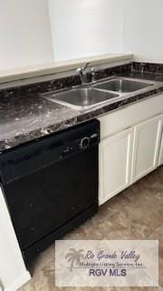 room details featuring a sink, dark countertops, and black dishwasher