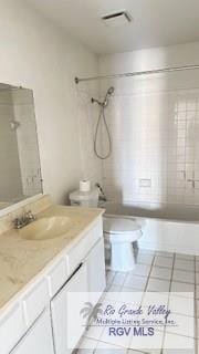 bathroom with visible vents, tile patterned flooring, vanity, toilet, and bathing tub / shower combination