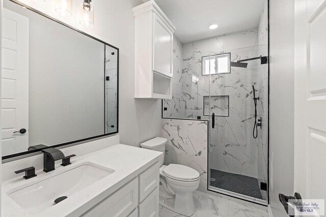 446 Parker Rd, La Feria, TX 78559 - bathroom with marble finish flooring, a marble finish shower, toilet, and vanity