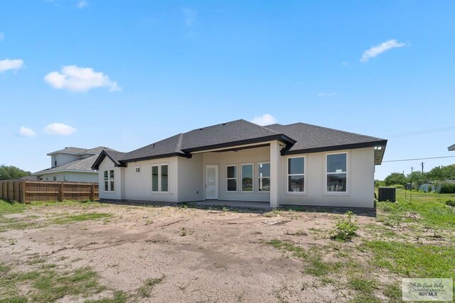 446 Parker Rd, La Feria, TX 78559 - rear view of house featuring fence, central air condition unit, a shingled roof, and stucco siding