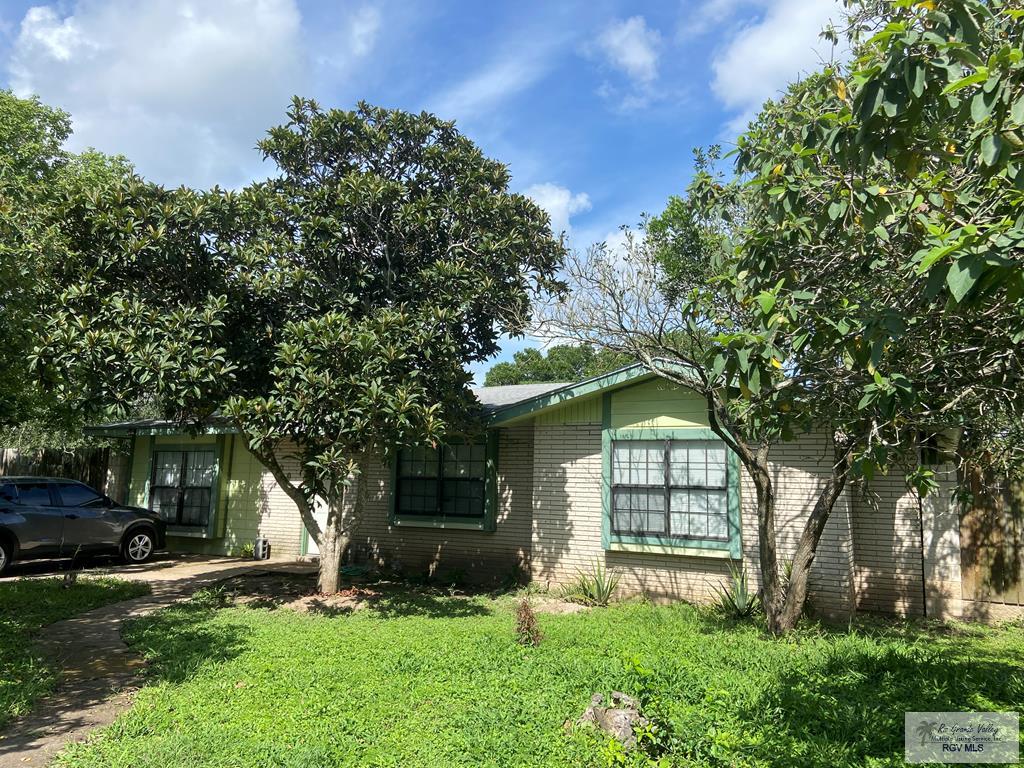 100 Pine St, Los Fresnos, TX 78566 - view of property hidden behind natural elements featuring brick siding and a front lawn