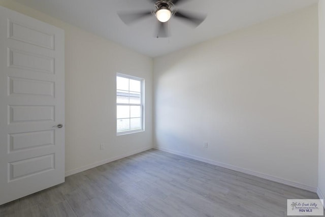 unfurnished room with ceiling fan and light hardwood / wood-style flooring