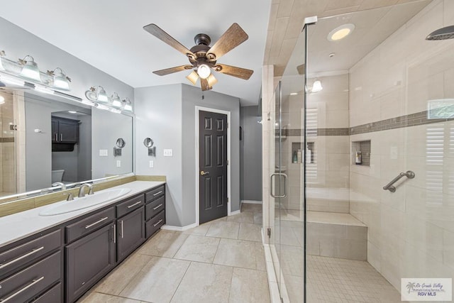 bathroom featuring tile patterned floors, an enclosed shower, vanity, ceiling fan, and toilet