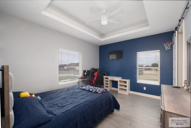 bedroom with light hardwood / wood-style floors, multiple windows, a tray ceiling, and ceiling fan